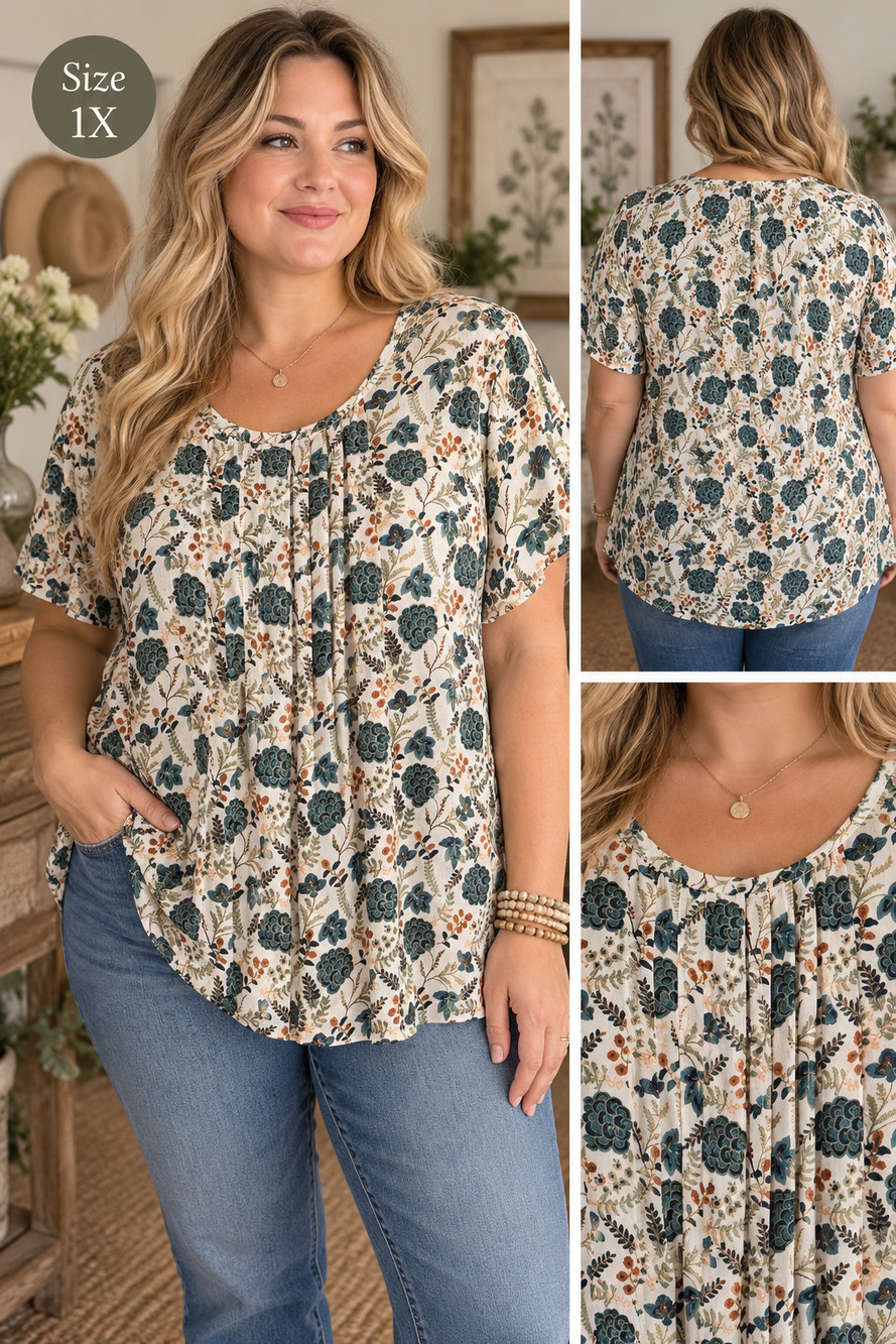 Rose + Olive Floral Boho Blouse Ruffle Sleeve Cottagecore Peasant Top Plus 1X
